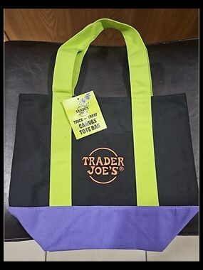 Trader Joes Black Canvas Tote Bag with Lime Handles and Purple Base